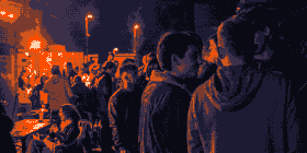 Serata al Big Lebowski Culture Club, in pixel art blu notte e arancio